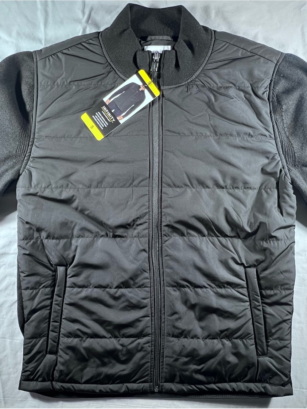 NWT INFINITY Men’s Black Quilted Bomber Sweater Jacket Full Zip Knit Sleeves S